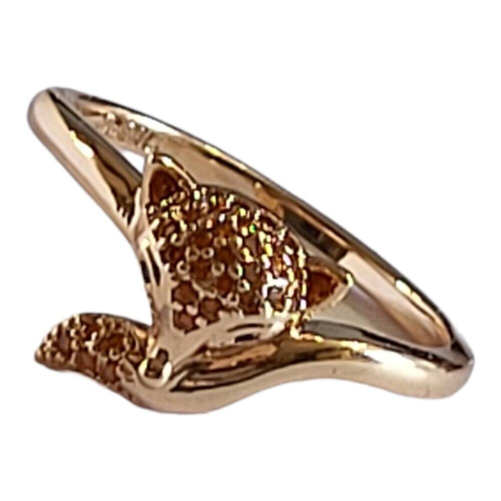 Gold Tone Dainty Fox Round Gold and Black Crytal Ring Size 9.5